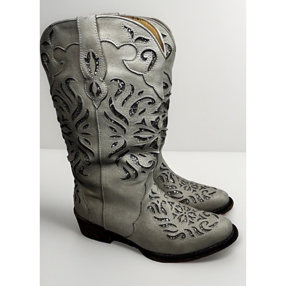 Roper Women’s Riley Glitz Cowboy Boots White Silver Glitter Cutout Snip Toe 7
